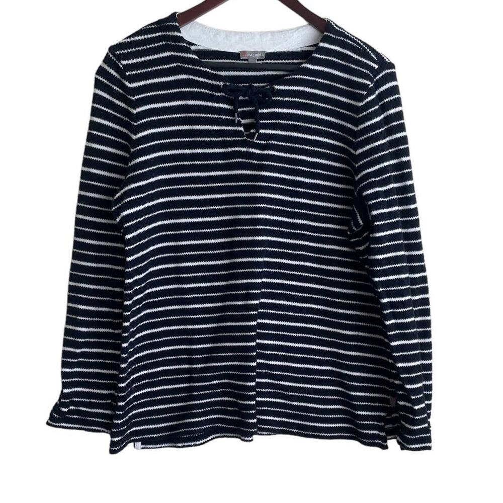Talbots Women Top L Navy Striped Keyhole‎ Tie Coastal Nautical Travel Beachy